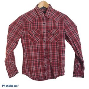 American Eagle Pearl Snap Shirt Mens Small Red Plaid Long Sleeve Slim Fit